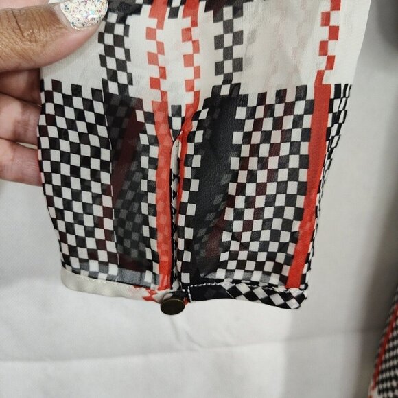 Honey Punch Sheer Blouson Dress Women Size M Cream Red Black Plaid Long Sleeve - Picture 4 of 10